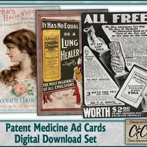 Antieke patentgeneeskunde advertentiekaarten afdrukbare digitale download Ephemera Set voor ongewenste tijdschriften, dagboekkaarten, plakboeken en papierambachten