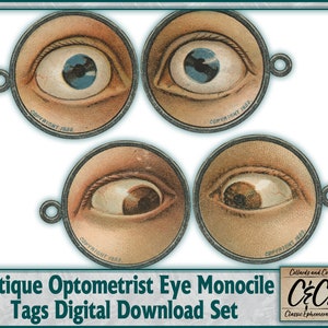 Antike Neuheit Werbung Optiker Monocle Eye Karten Digital Download Set für Junk Journaling, Collagen, Scrapbooking & Bastelprojekte