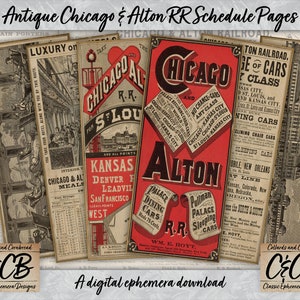 Conjunto de páginas de cronograma da ferrovia Chicago & Alton antigo para download digital para diário de lixo, criação de cartões, scrapbooking e artesanato em papel