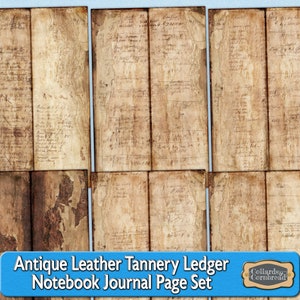 Kit de descarga digital de páginas de libro mayor manuscritas de Antique Leather Tannery Manager para diarios basura, tarjetas y álbumes de recortes