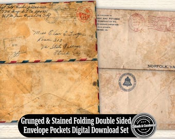 Vintage Grunged and Stained Folding Double Sided Envelope Pockets Digital Download Set for Junk Journals, Pockets, Scrapbooking and Crafting