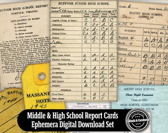 Vintage Report Cards, Tags & Papers Digital Download Ephemera Set for Junk Journaling, Card Making, Scrapbooking and Paper Collage Designing