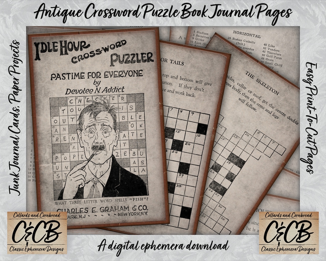 Antique Crossword Puzzle Book Grunged Journal Pages Digital Download