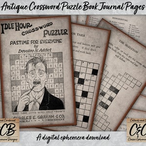 May include: A vintage-style printable crossword puzzle page with the title "Idle Hour Crossword Puzzler" and the text "Pastime for Everyone by Devotee N Addict". The puzzle features a grid with black squares and white squares, and a cartoon illustration of a man with a mustache and glasses.