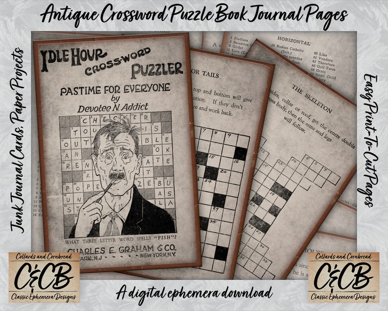 Antique Crossword Puzzle Book Grunged Journal Pages Digital Download Kit for Junk Journaling