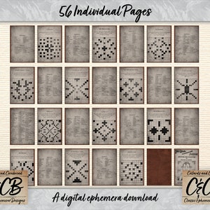 May include: A digital download of 56 printable crossword puzzles. Each puzzle measures 7.5 inches by 5 inches. The puzzles are printed on a vintage-style background with a brown border. The text "Collards and Cornbread" and "C&CB" is featured on the image.