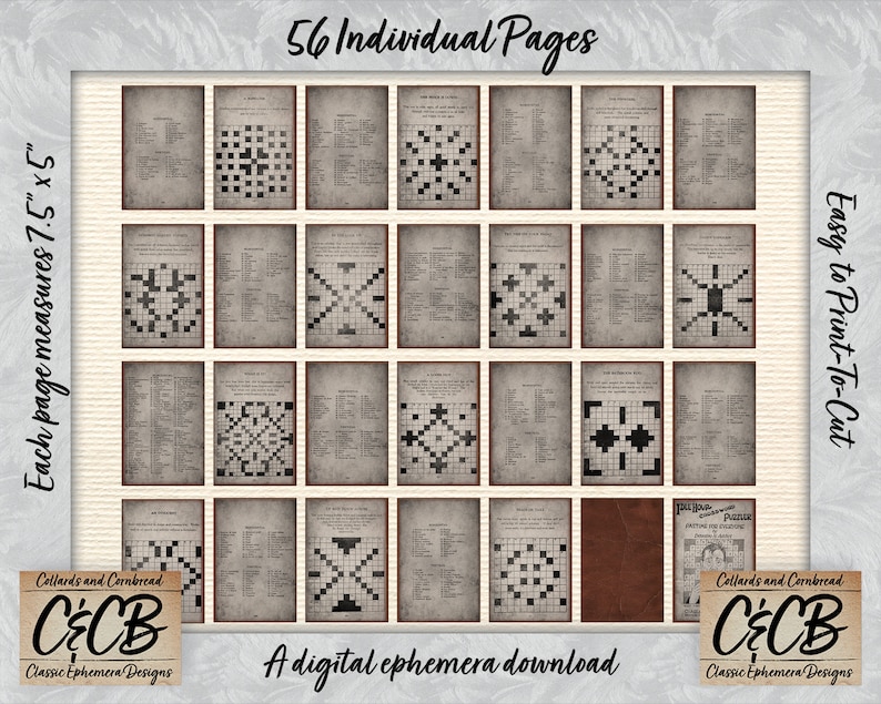 May include: A digital download of 56 printable crossword puzzles. Each puzzle measures 7.5 inches by 5 inches. The puzzles are printed on a vintage-style background with a brown border. The text "Collards and Cornbread" and "C&CB" is featured on the image.