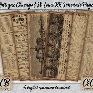 Conjunto de páginas de cronograma ferroviário antigo de Chicago e Alton St Louis Kansas City para download digital para diário de lixo, criação de cartões e scrapbooking