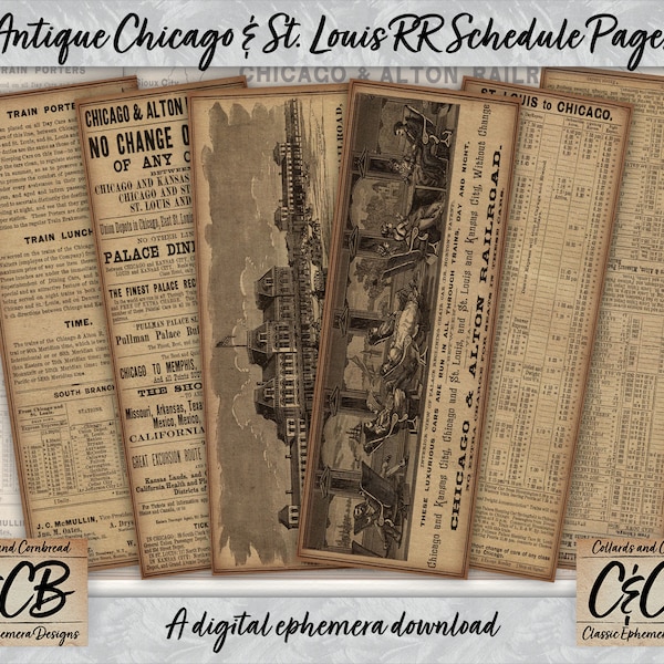 Antique Chicago & Alton St Louis Kansas City Railroad Schedule Page Set Digital Download for Junk Journaling, Card Making, Scrapbooking