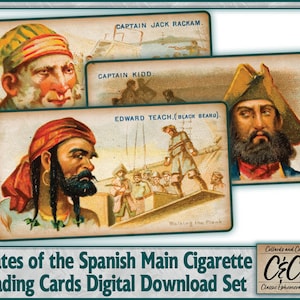Piratas dos principais cartões de coleta de cigarros espanhóis, download digital, conjunto 1 para diários indesejados, colagens, álbuns de recortes e projetos de artesanato