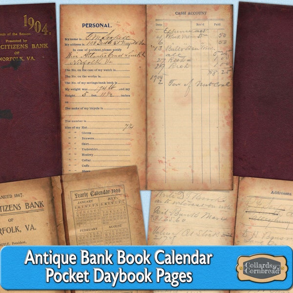 Antique Bank Book Calendar Pocket Daybook Pages Digital Download Print Set for Junk Journaling, Card Making, Scrapbooking & Paper Crafting