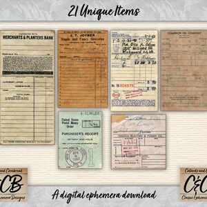 Puede incluir: Una descarga digital de 21 recibos, facturas y recibos de dep&oacute;sito &uacute;nicos de estilo vintage. Las im&aacute;genes est&aacute;n en varios tonos de marr&oacute;n, amarillo y blanco con texto escrito a mano. El texto incluye "Merchants & Planters Bank", "J.T. Joyner Staple and Fancy Groceries", "Dominion Oil Company", "United States Postal Money Order" y "Virginia Electric & Power Co.".