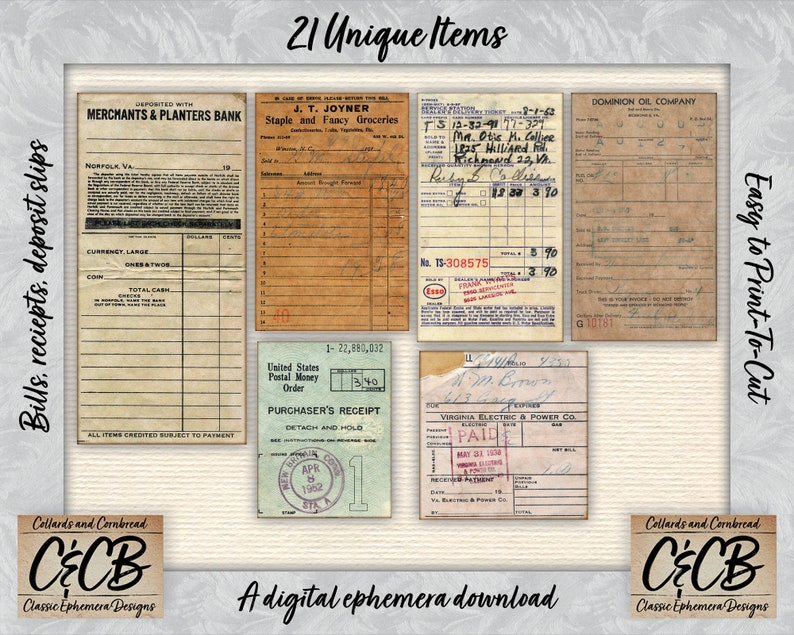Puede incluir: Una descarga digital de 21 recibos, facturas y recibos de dep&oacute;sito &uacute;nicos de estilo vintage. Las im&aacute;genes est&aacute;n en varios tonos de marr&oacute;n, amarillo y blanco con texto escrito a mano. El texto incluye "Merchants & Planters Bank", "J.T. Joyner Staple and Fancy Groceries", "Dominion Oil Company", "United States Postal Money Order" y "Virginia Electric & Power Co.".