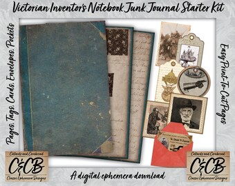 Victorian Inventor's Junk Journal Digital Download Starter Kit With Pages, Cards, Pockets, Envelopes and Tags for Journal and Paper Projects