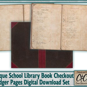 Kit de download digital de páginas de livro manuscrito de bibliotecário escolar antigo para diários indesejados, confecção de cartões, álbuns de recortes e artesanato em papel