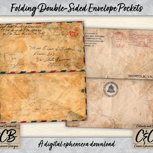Vintage Grunged und Stained faltende doppelseitige Umschlag Taschen Digital Download Set für Junk Journals, Taschen, Scrapbooking und Basteln