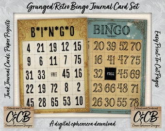 Grunged Vintage Style Bingo Card Set Printable Digital Download Ephemera for Junk Journals, Card Projects, Scrapbook Pages and Paper Crafts