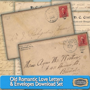 Conjunto de descarga digital de cartas de amor románticas antiguas y sobres plegables para diarios, collages, álbumes de recortes y manualidades.