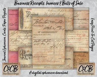 Business Receipts, Invoices, Bills of Sale Ephemera Digital Download Set for Junk Journals, Card Designs, Scrapbooking and Paper Crafts