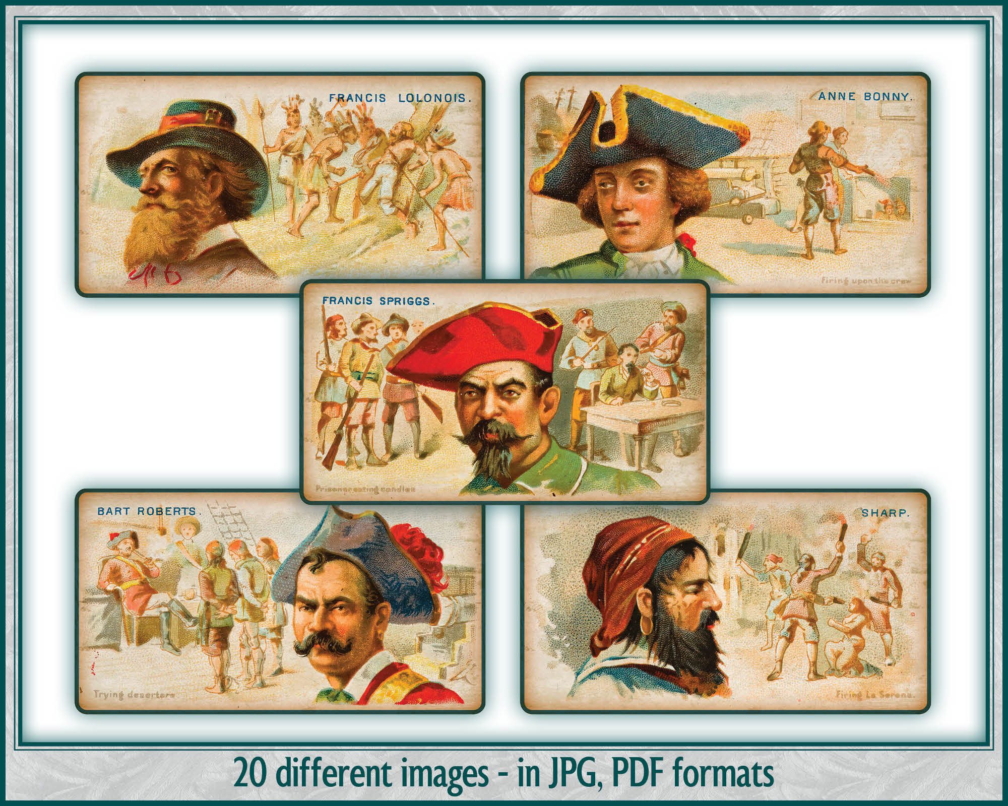 Pirates of the Spanish Main Cigarette Collecting Cards Digital Download Set  1 for Junk Journals, Collages, Scrapbooking & Craft Projects