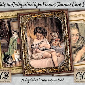 May include: Three vintage journal cards featuring antique tin type frames with images of cats and a girl with a cat. The cards are part of a set for junk journal and card projects. The text on the cards reads "Collards and Cornbread C&CB Classic Ephemera Designs" and "Easy Print-To-Cut Pages".