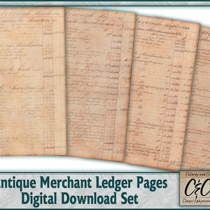 Antique Merchant Ledger Book Keeping Pages Digital Download Print to Cut Kit for Junk Journaling, Card Making, Scrapbooking & Paper Crafting
