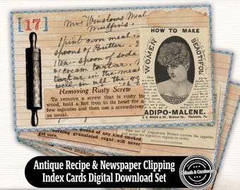 Antique Recipe & Newspaper Clipping Index Cards Printable Digital Download Ephemera Set for Junk Journals, Collage Making and Scrapbooking
