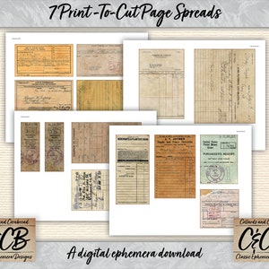 Puede incluir: Siete p&aacute;ginas imprimibles de ef&iacute;meras de estilo vintage, formateadas a 8,5 x 11 pulgadas. Las p&aacute;ginas presentan diversos recibos, etiquetas y formularios con texto manuscrito y tinta descolorida. Las p&aacute;ginas est&aacute;n dise&ntilde;adas para ser impresas, recortadas y utilizadas para proyectos de manualidades.