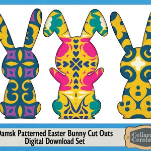 Textured Color Damsk Patterned Easter Bunny Cut Out Cards Download Ephemera Set for Junk Journals, Card Making, Scrapbooks and Craft Designs