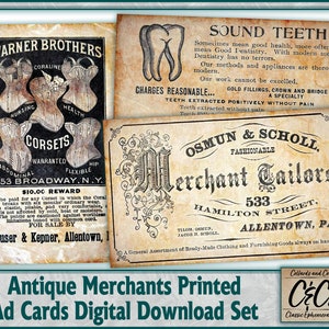 Antieke handelaren zakelijke advertentiekaarten afdrukbare digitale download kortstondige set voor ongewenste tijdschriften, logboekkaarten, plakboeken en papierkunst