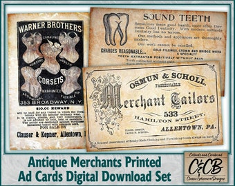 Op de afbeelding: Drie vintage advertentiekaarten. De eerste kaart adverteert met Warner Brothers Corsets, de tweede met een tandarts en de derde met Osmun & Scholl Merchant Tailors. Alle drie kaarten zijn gedrukt op verouderd papier met een bruine achtergrond.