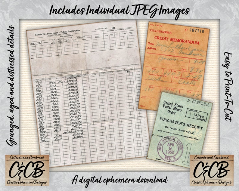 Puede incluir: Una descarga digital de ef&iacute;meras vintage, que incluye un memor&aacute;ndum de cr&eacute;dito, una orden postal y un libro de contabilidad. Las ef&iacute;meras est&aacute;n envejecidas y deterioradas, con una est&eacute;tica grunge. Las ef&iacute;meras son perfectas para el scrapbooking, la elaboraci&oacute;n de tarjetas y otros proyectos de manualidades.