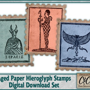 Egyptisch symbool hiëroglief verouderde papieren tag stempels digitale downloadset ongewenste tijdschriften, kaarten maken, scrapbooking en knutselontwerpen