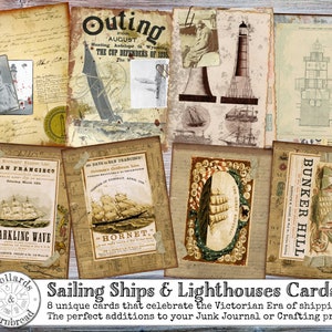 Victorian Era Lighthouses and Sailing Ships Junk Journal Card Kit with 8 Digital Downloadable Printable Cards