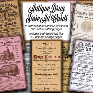Antieke apotheek drogisterij catalogus digitale advertentiekaartenset afdrukbare ephemera voor ongewenste tijdschriften, plakboeken, kaarten en papierontwerpen
