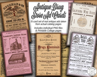 Op de afbeelding: Een collage van vintage advertenties voor drogisterijproducten. De advertenties bevatten illustraties van mensen, dieren en producten. De tekst bevat de namen van de producten, bedrijven en prijzen. De advertenties zijn uit de late 19e eeuw en vroege 20e eeuw.