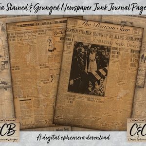Grunged & Tea Stained Newspaper Junk Journal Pages Digital Download Set for Junk Journals, Collage Making, Scrapbooking and Crafting Designs