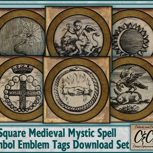 Quadratische mittelalterliche Mystik Zauber Symbol Emblem Tag Karten Set für Junk Journaling, Kartenherstellung, Scrapbooking und Papier Basteln