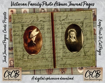 Digitala nedladdningsbara sidor med viktorianskt familjefotoalbum för journaling, korttillverkning, scrapbooking och pappersarbete.