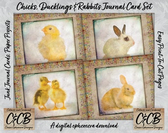 Grunged Chicks, Ducklings & Bunnies Journal Cards Printable Digital Download Ephemera Set for Junk Journals, Collage Making and Scrapbooking