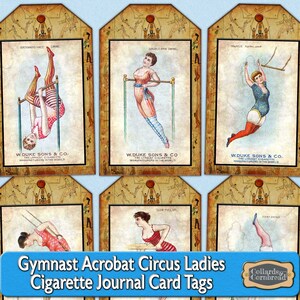 Victoriaanse gymnast acrobatisch circus dames dagboekkaarten digitale downloadset voor ongewenste tijdschriften, plakboeken en aangepaste knutselprojecten