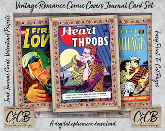 Vintage Romance Comic Book Journal Card Set Digital Download for Valentine's Junk Journaling, Card Making, Scrapbooking and Paper Crafting