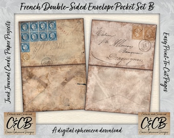 French Grunged and Stained Folding Double Sided Envelope Pockets Digital Download Set #2 for Junk Journals, Scrapbooking & Crafting Projects