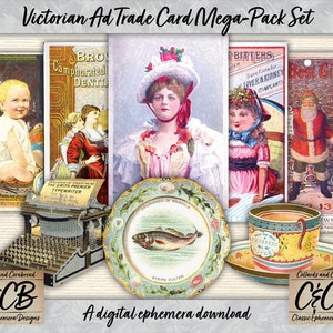 Victoriaanse Trade Card Mega-Pack van 130 afdrukbare digitale downloadtags voor ongewenste dagboekpagina's, kaarten, zakken, insteekkaarten, decor- en cadeaulabels