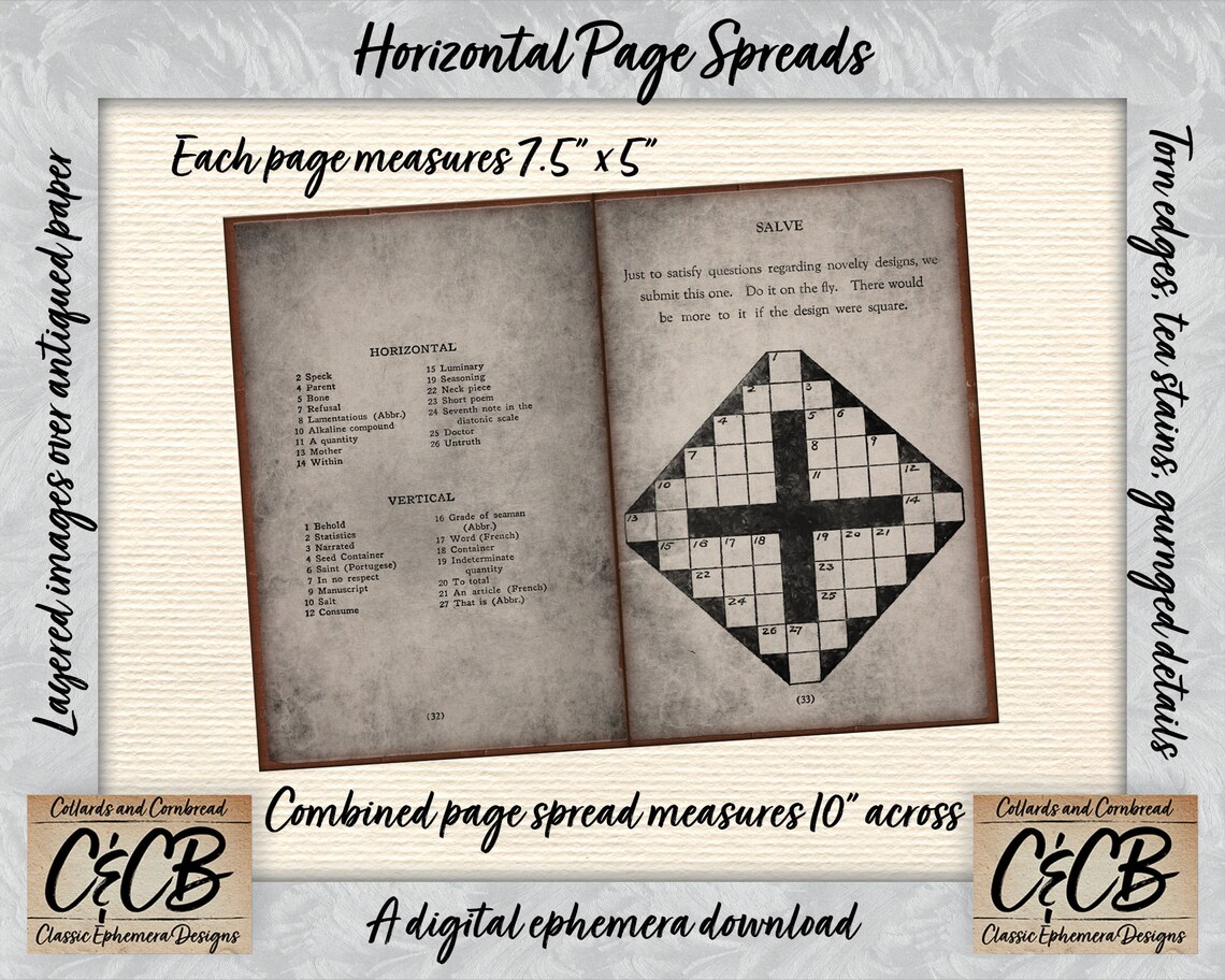 Antique Crossword Puzzle Book Grunged Journal Pages Digital Download