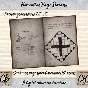 May include: A digital download of two vintage-style pages with crossword puzzles. Each page measures 7.5 inches by 5 inches and the combined spread measures 10 inches across. The pages have a distressed, aged look with torn edges, tea stains, and grunge details. The text on the pages reads "Horizontal Page Spreads" and "Combined page spread measures 10" across".
