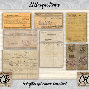 Puede incluir: Una descarga digital de 21 recibos, facturas y recibos de dep&oacute;sito imprimibles de estilo vintage. Las im&aacute;genes est&aacute;n en varios tonos de amarillo y marr&oacute;n con texto escrito a mano y texto impreso. El texto incluye "Collards and Cornbread", "C&CB", "Classic Ephemera Designs", "Virginia Electric and Power Company", "Dominion Oil Company", "Acme Plumbing and Heating Co.", "Miller & Rosado, Inc.", "Credit Voucher", "Purchaser's Receipt" y "Easy to Print-To-Cut".