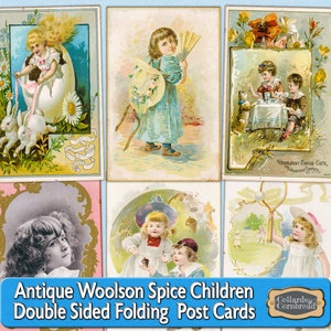 Antyczne składane dwustronne pocztówki Woolson's Spice Children Zestaw do pobrania w wersji cyfrowej do dzienników śmieciowych, kieszeni, scrapbookingu i rękodzieła