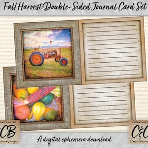 Herbst Ernte Sonnenblumen, Kürbisse, Traktoren, Scheunen Falten doppelseitige Kartentasche Download Set für Junk Journals, Scrapbooks und Kunsthandwerk