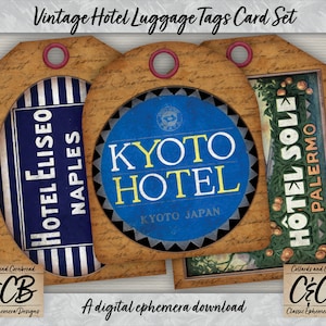 Vintage Travel Hotel Etiquetas de equipaje Descarga digital Ephemera Set para diario basura, scrapbooking, diseño de tarjetas y proyectos de artesanía en papel